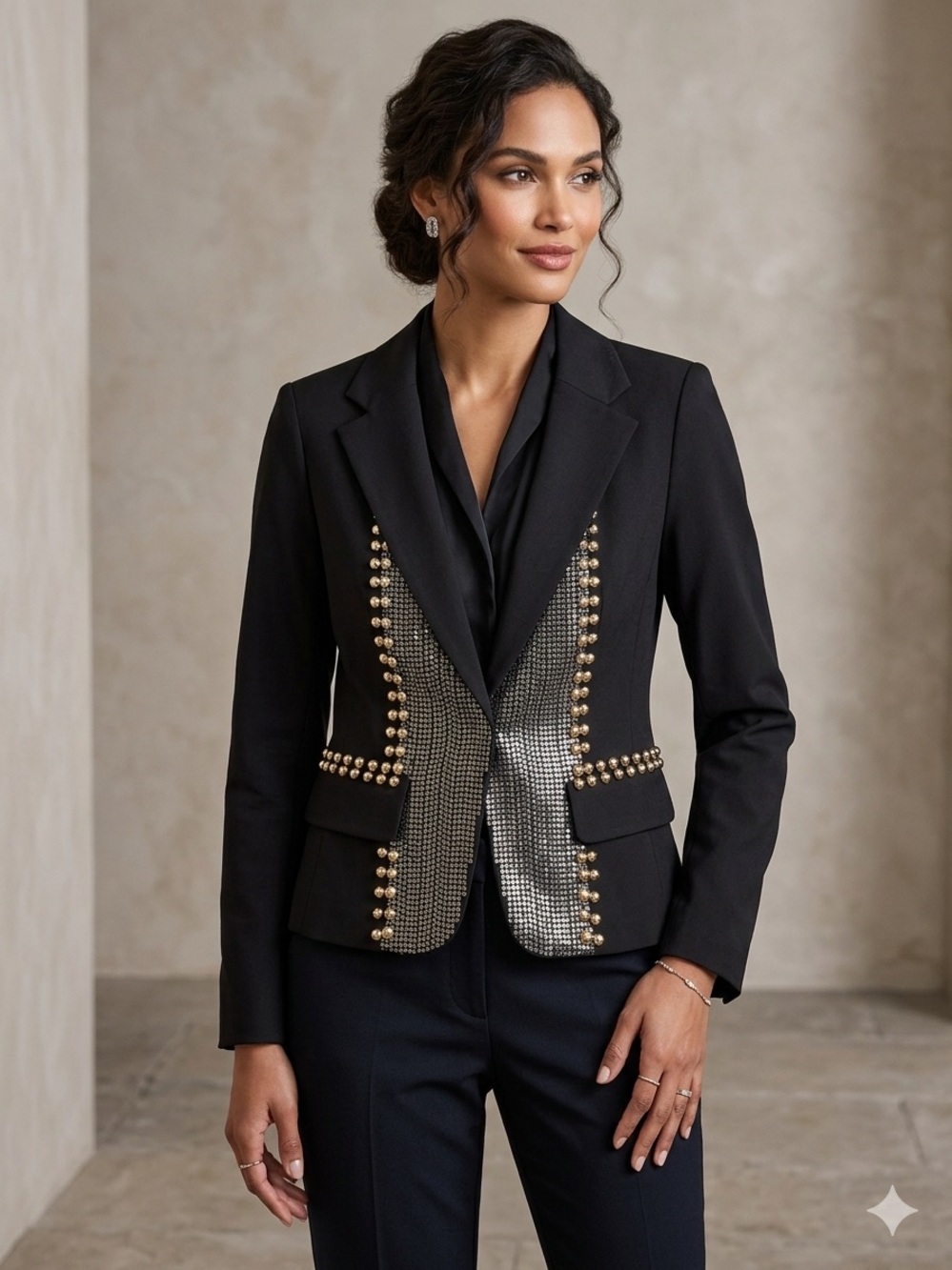 Nanette Lepore Black Rhinestone Studded Embellished Blazer Jacket Tuxedo Style